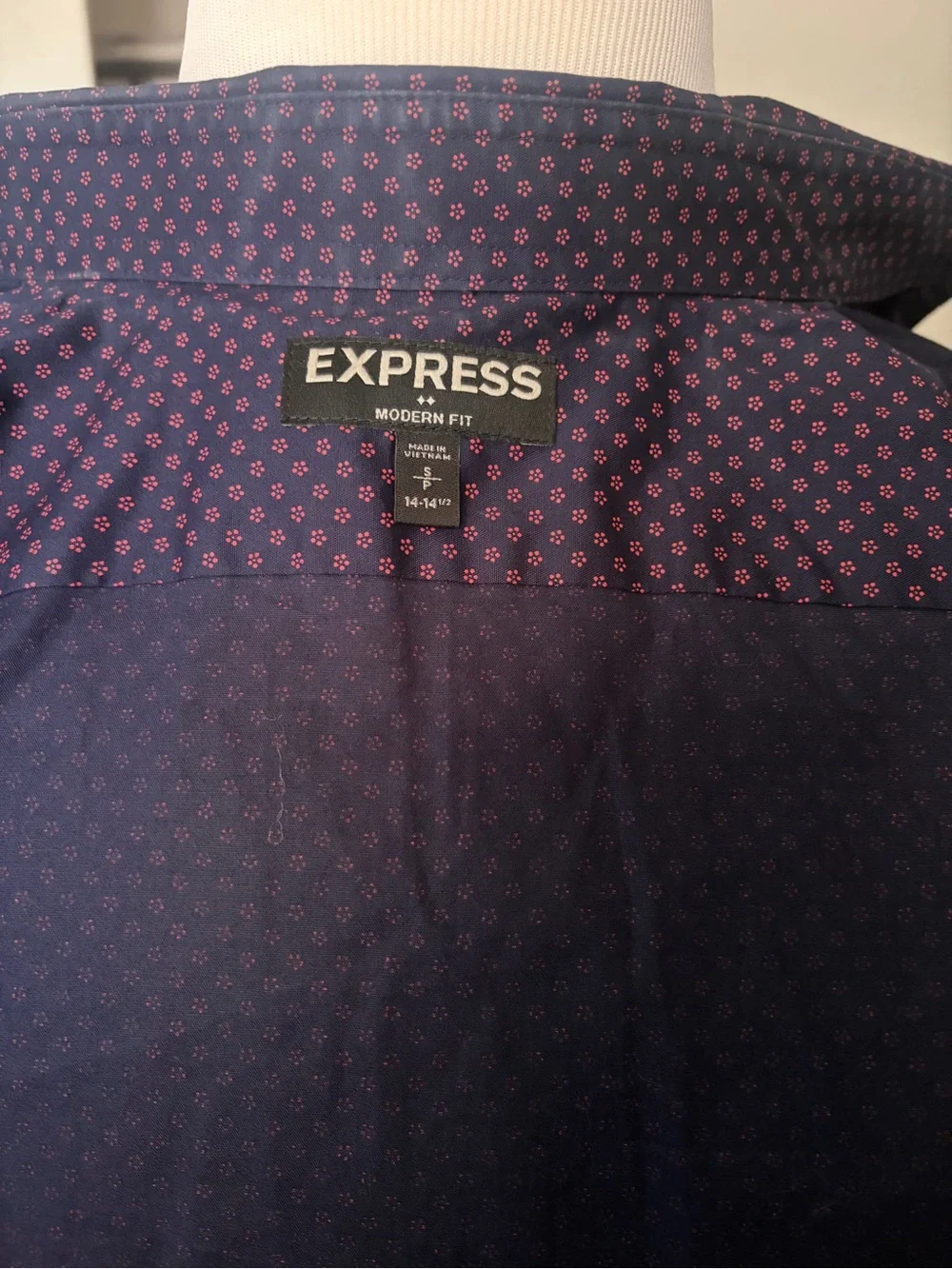 Express Men's Navy Button-Up Shirt Jacket with Small Pink Pattern